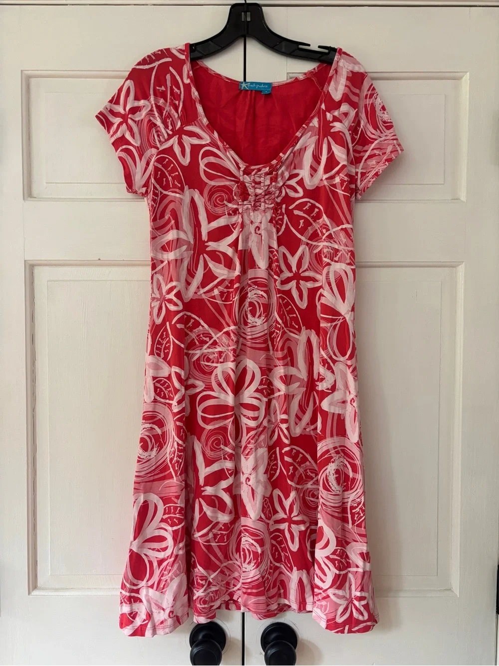 Fresh Produce Red Floral Fit & Flare Short Sleeve Dress Scoop Neck Size Medium